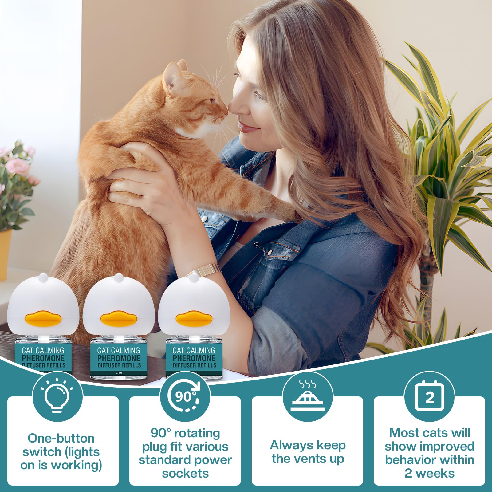 LIWENQI cat calming diffuser warning label reminding safe operation with warmth.
