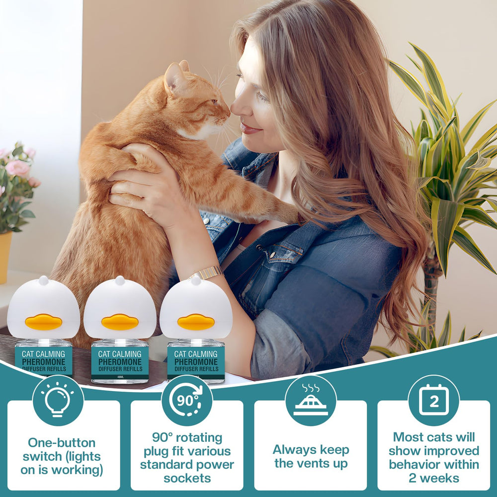 LIWENQI cat calming diffuser warning label reminding safe operation with warmth.