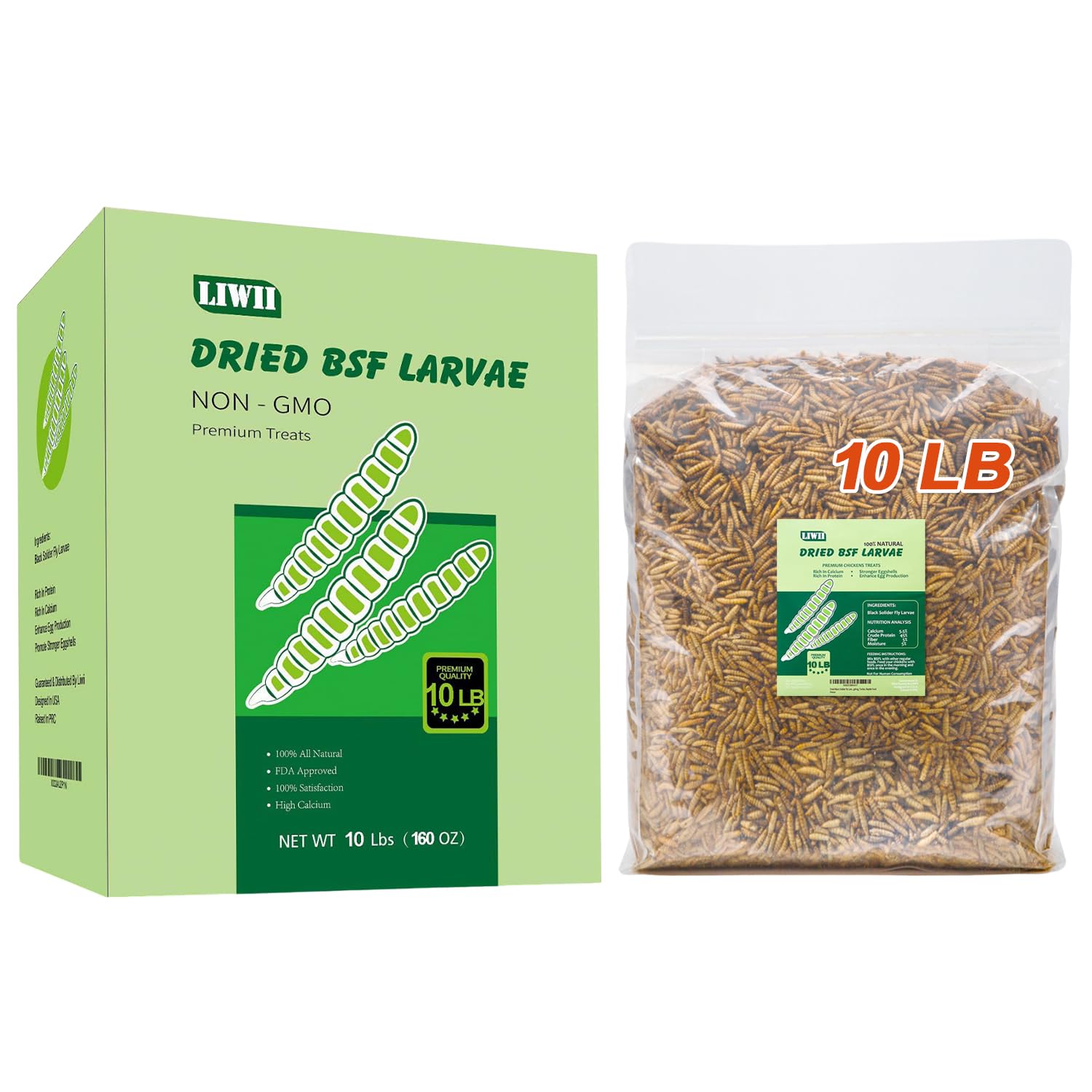 LIWII dried BSF larvae bulk pack for protein-rich poultry feed.