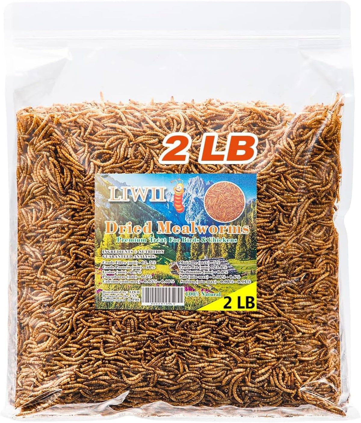 LIWII Dried Mealworms 2lbs bag closeup showing plump high-protein treats for poultry.