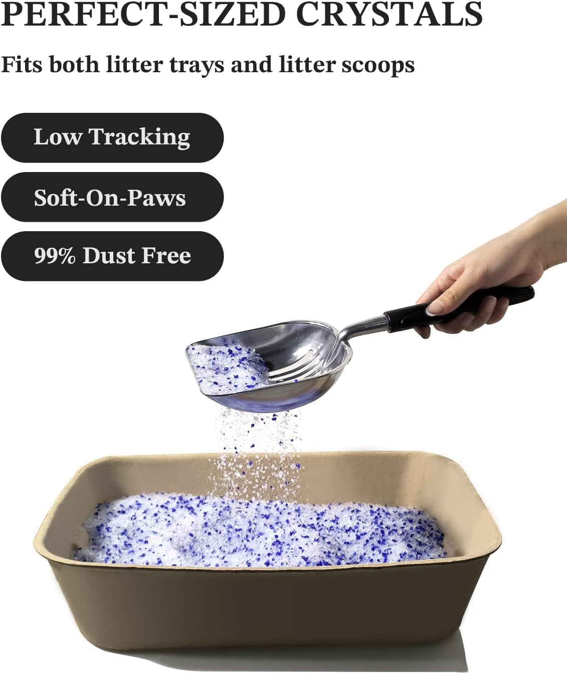 LMJP Crystal Cat Litter on the floor emphasizes dust-free crystals and easy maintenance.