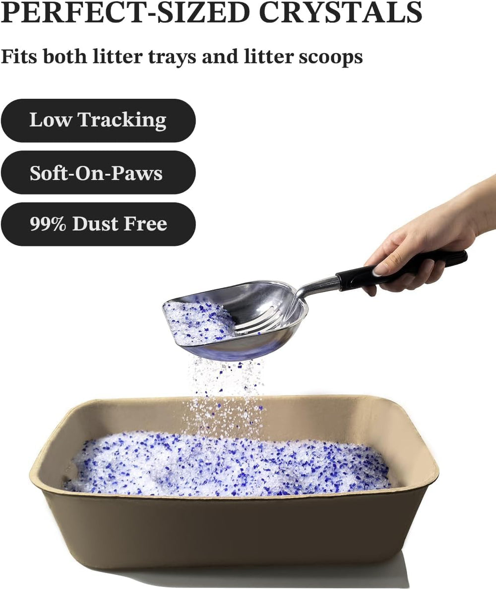 LMJP Crystal Cat Litter on the floor emphasizes dust-free crystals and easy maintenance.