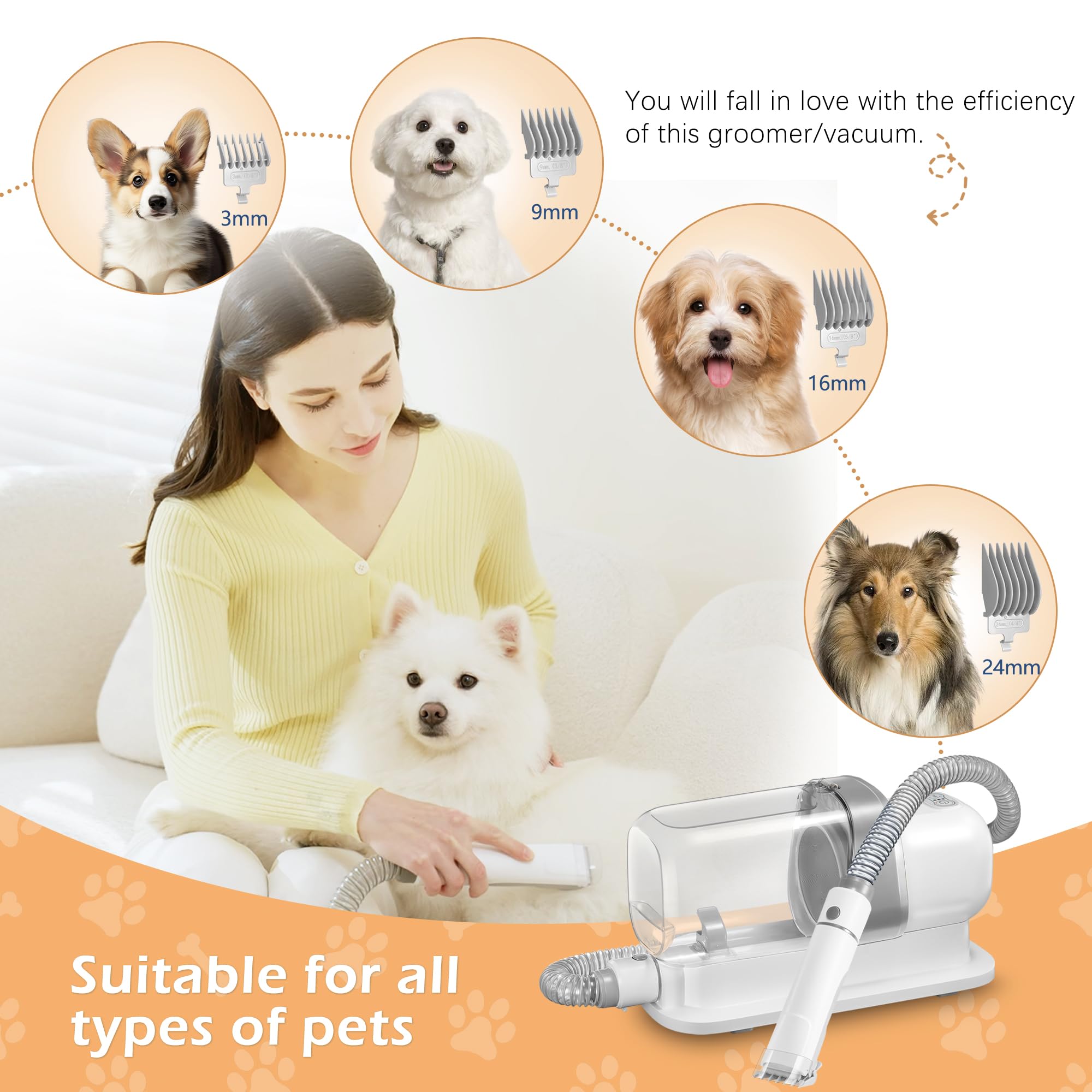 LMVVC low-noise design keeps pets calm while grooming at home.