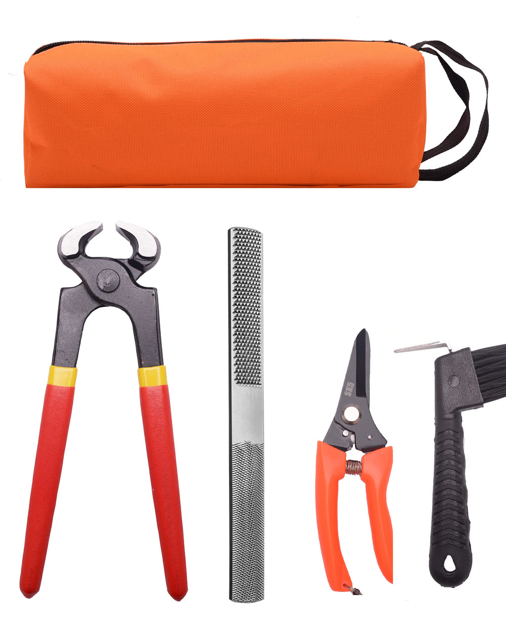 Loaged 8-inch farrier hoof tool kit bag shows portable, organized hoof care on the go.