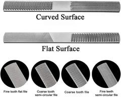 Loaged double-sided hoof rasp demonstrates fine and coarse teeth for versatile shaping.