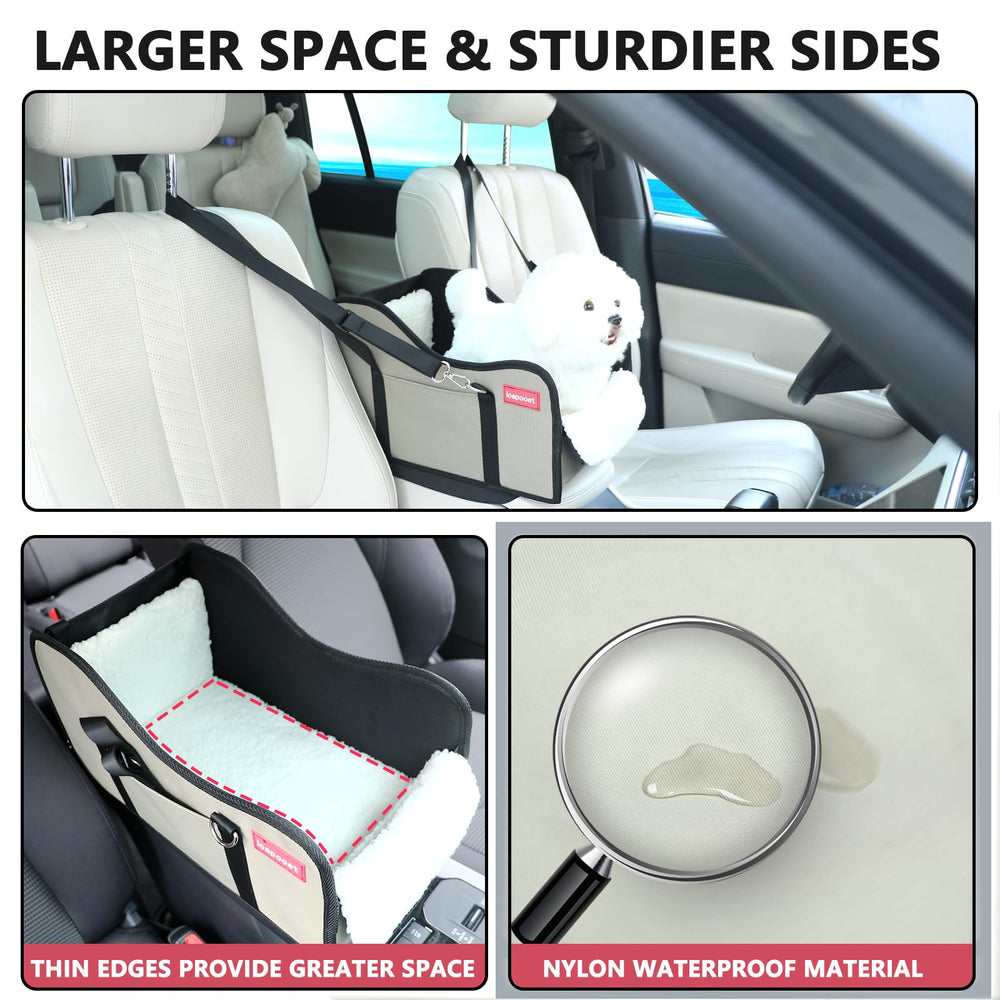 Loapooet dog car seat attachment demonstrates secure straps for car armrests