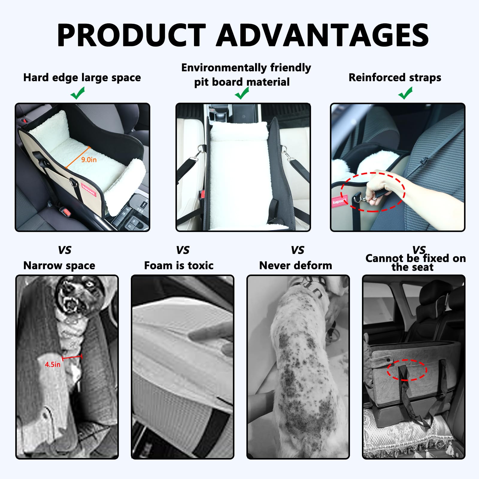 Loapooet center-console seat secured with headrest straps for stable travel
