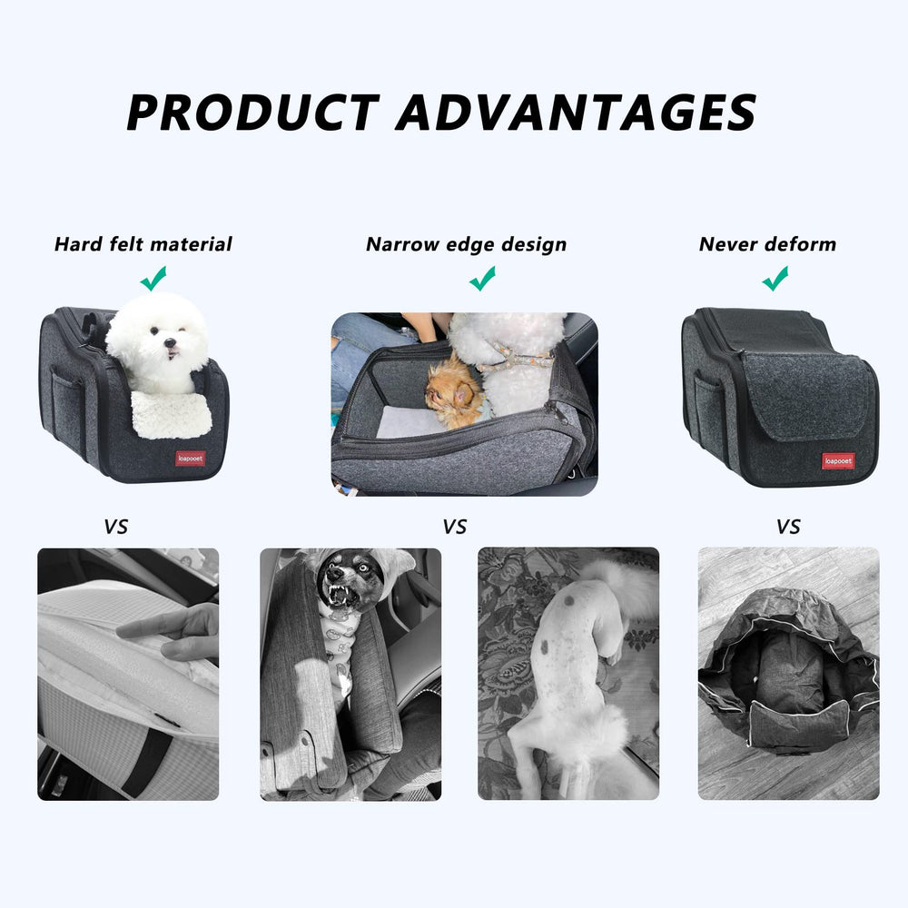 Loapooet dog car seat interior shows metal collar buckle for secure restraint during trips.