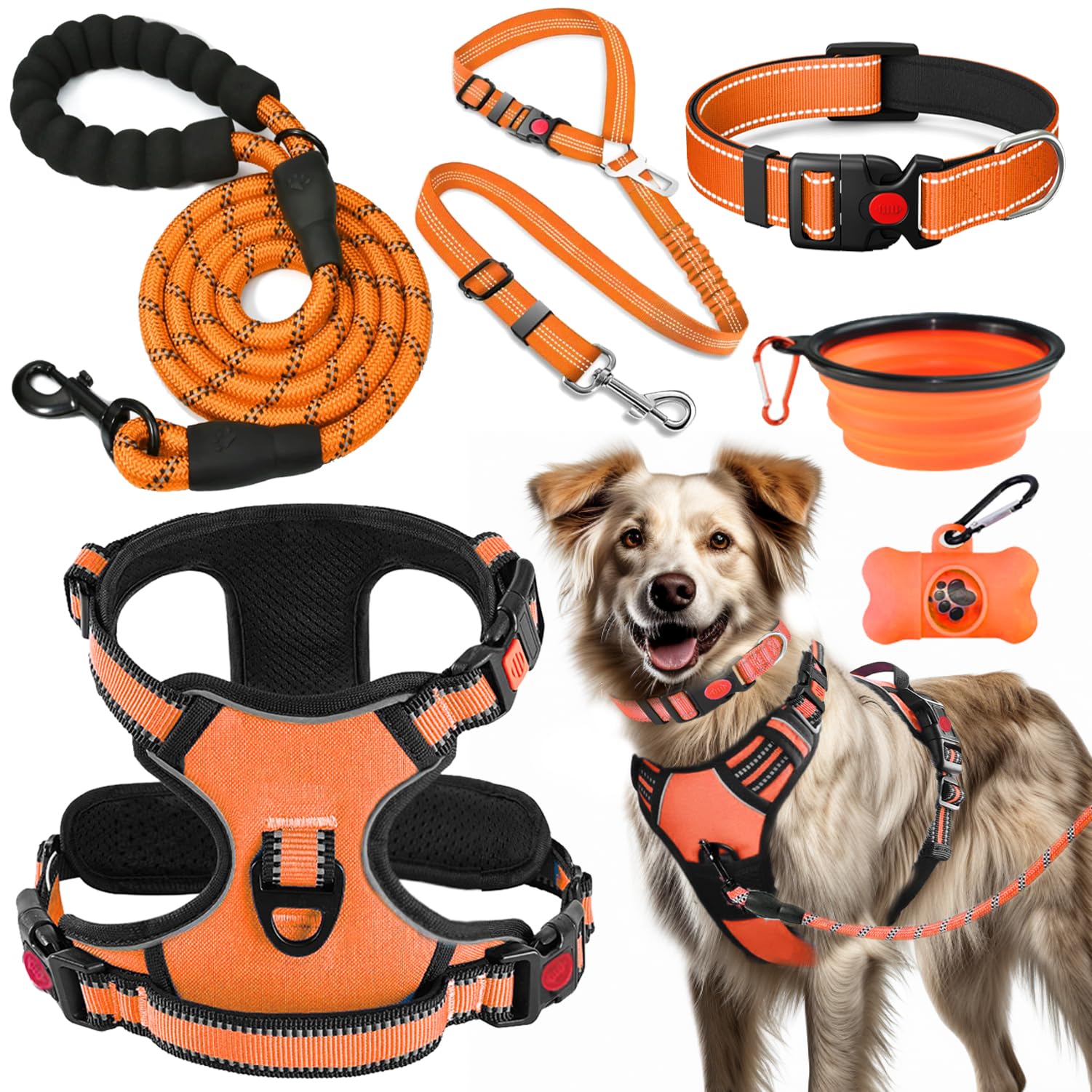 LOBEVE No-Pull Harness orange front view highlights comfort and control on walks.