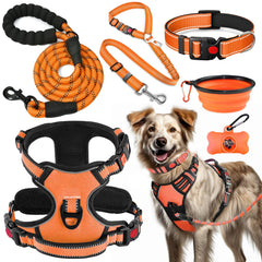 LOBEVE No-Pull Harness orange front view highlights comfort and control on walks.