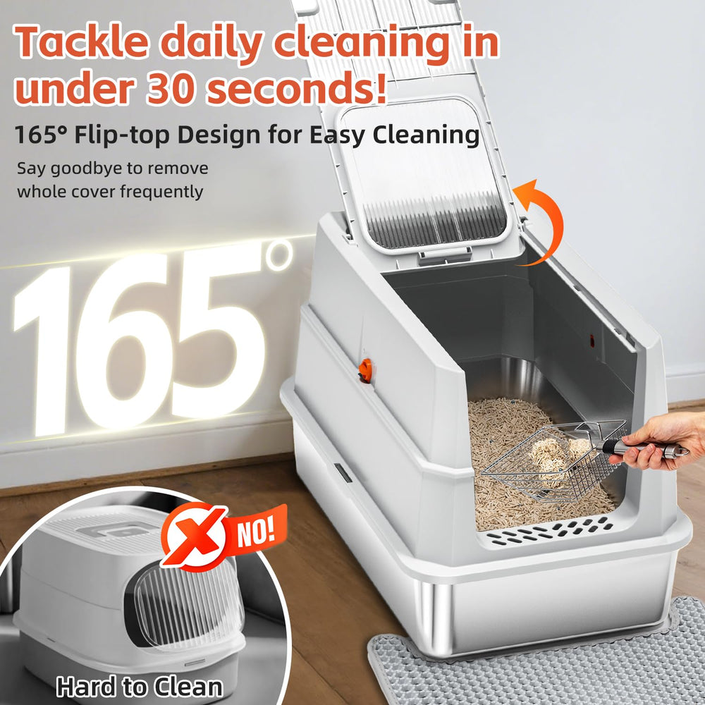 Lobeve stainless steel litter box flip-top in use promotes fast daily scooping and easy cleanup.