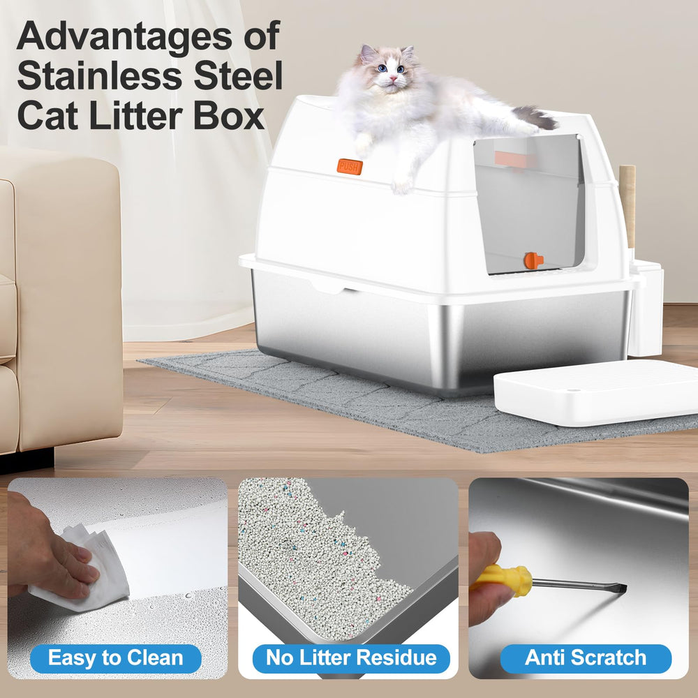 Lobeve stainless steel litter box front-entry view shows easy access and clean edges for busy homes