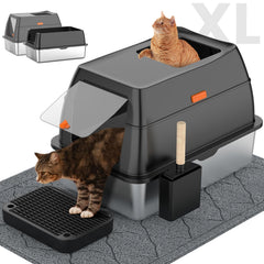 Lobeve stainless steel litter box lid close-up showing privacy and odor containment.
