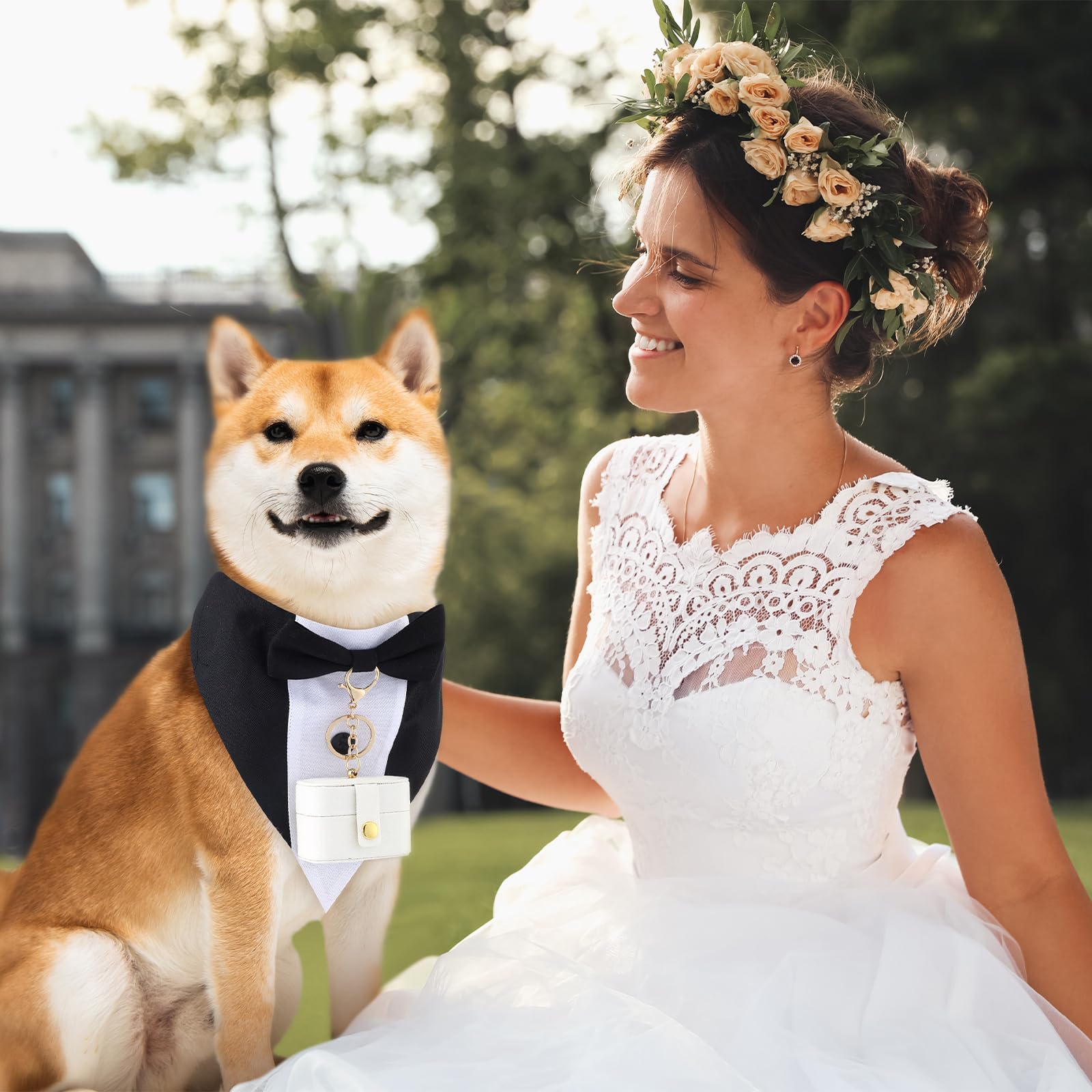 Locmeo black-and-white tuxedo ensemble enhances wedding-day pet photography.