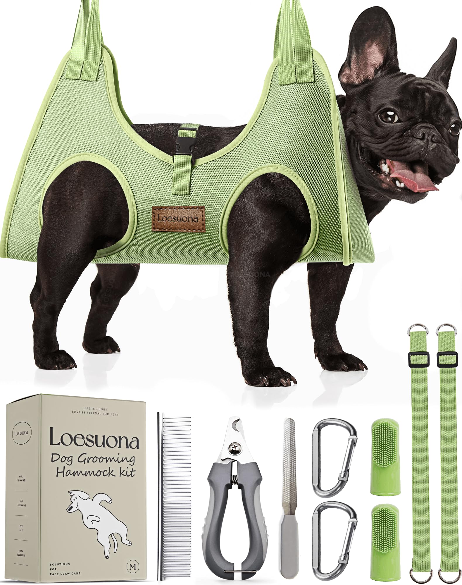 Loesuona dog grooming hammock base setup on table enables easy nail trims.