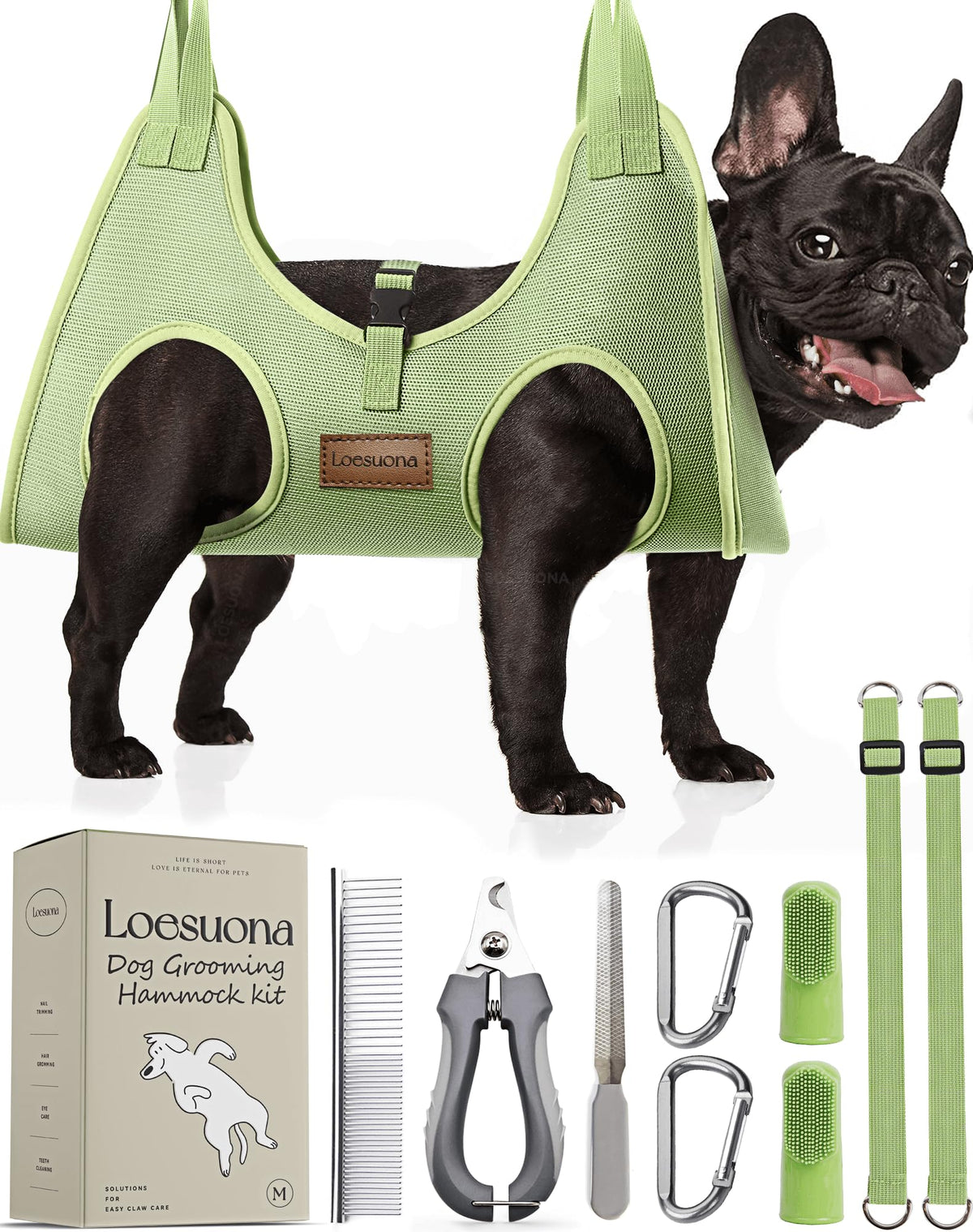 Loesuona dog grooming hammock base setup on table enables easy nail trims.