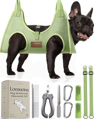 Loesuona dog grooming hammock base setup on table enables easy nail trims.