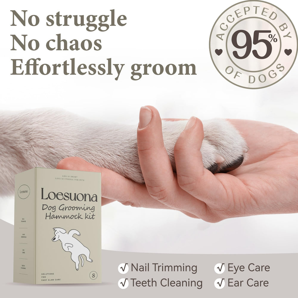 Loesuona dog grooming hammock on table supports hands-free grooming during trims.