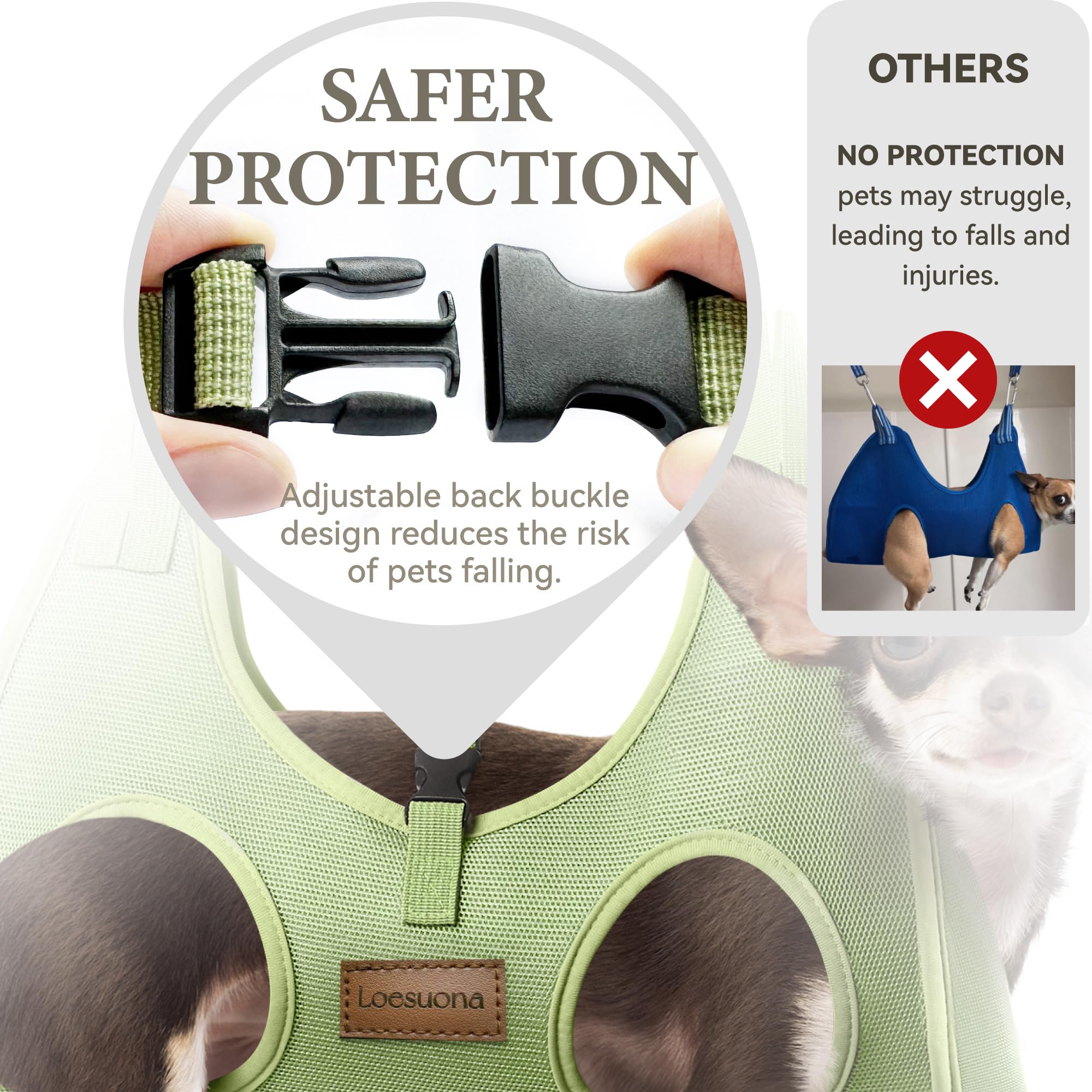 Loesuona dog grooming hammock safety buckle close-up shows secure fit.