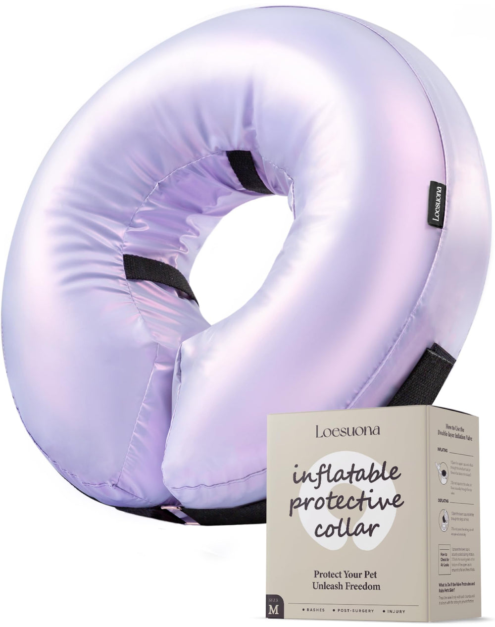 Loesuona inflatable donut dog cone close-up showing leak-free seal for secure recovery.