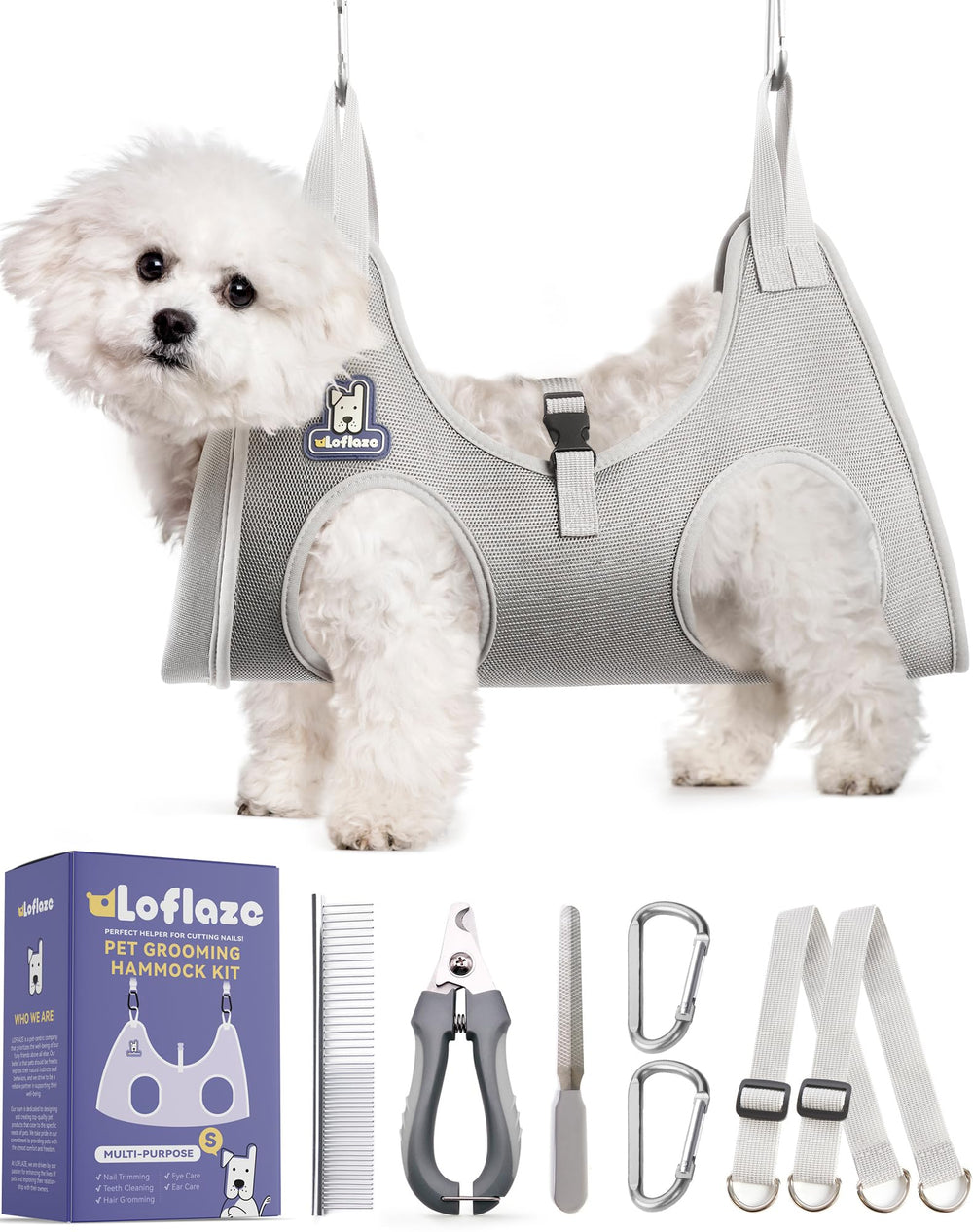 Loflaze dog grooming hammock harness grey setup for at-home trimming comfort.
