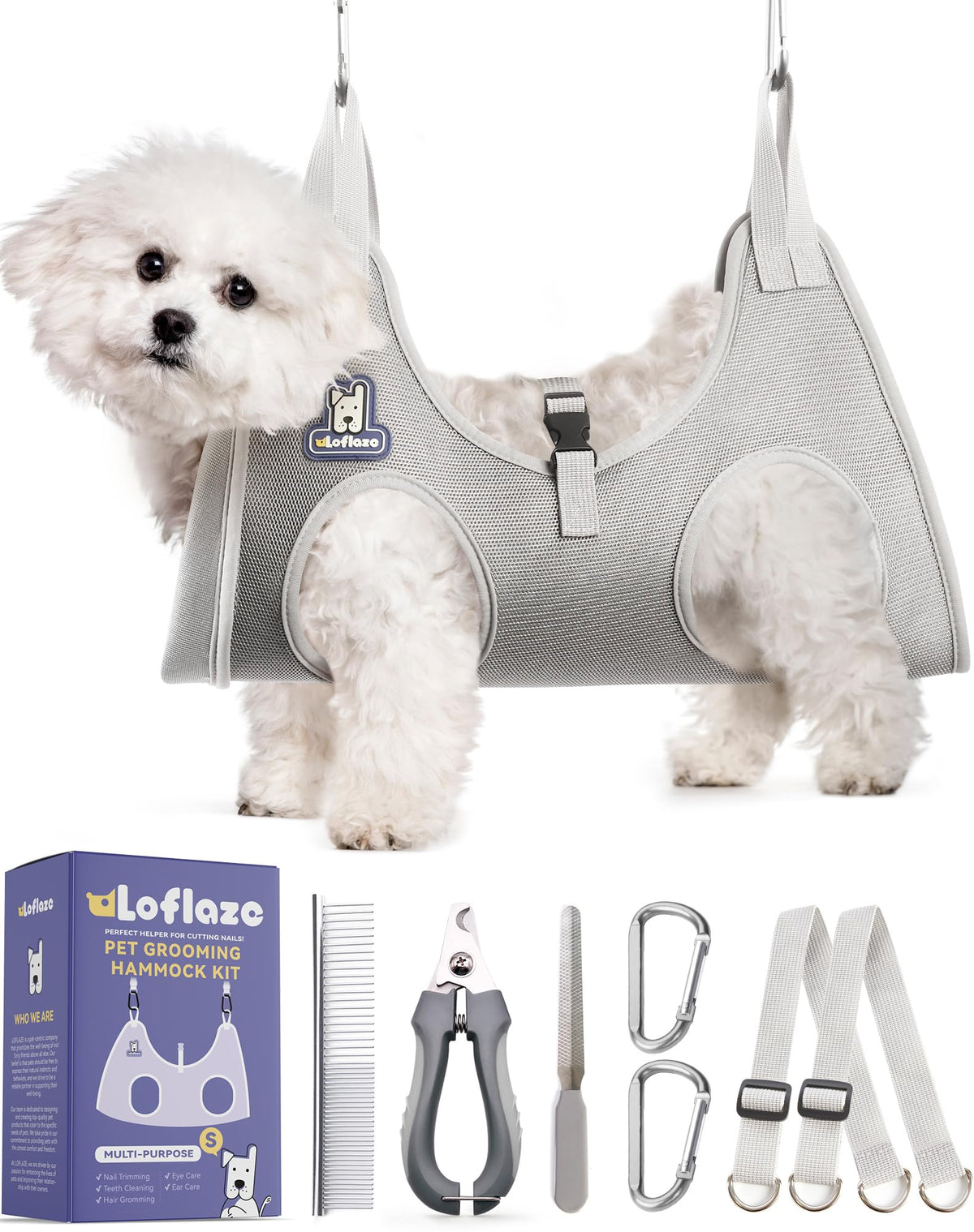 Loflaze dog grooming hammock harness grey setup for at-home trimming comfort.