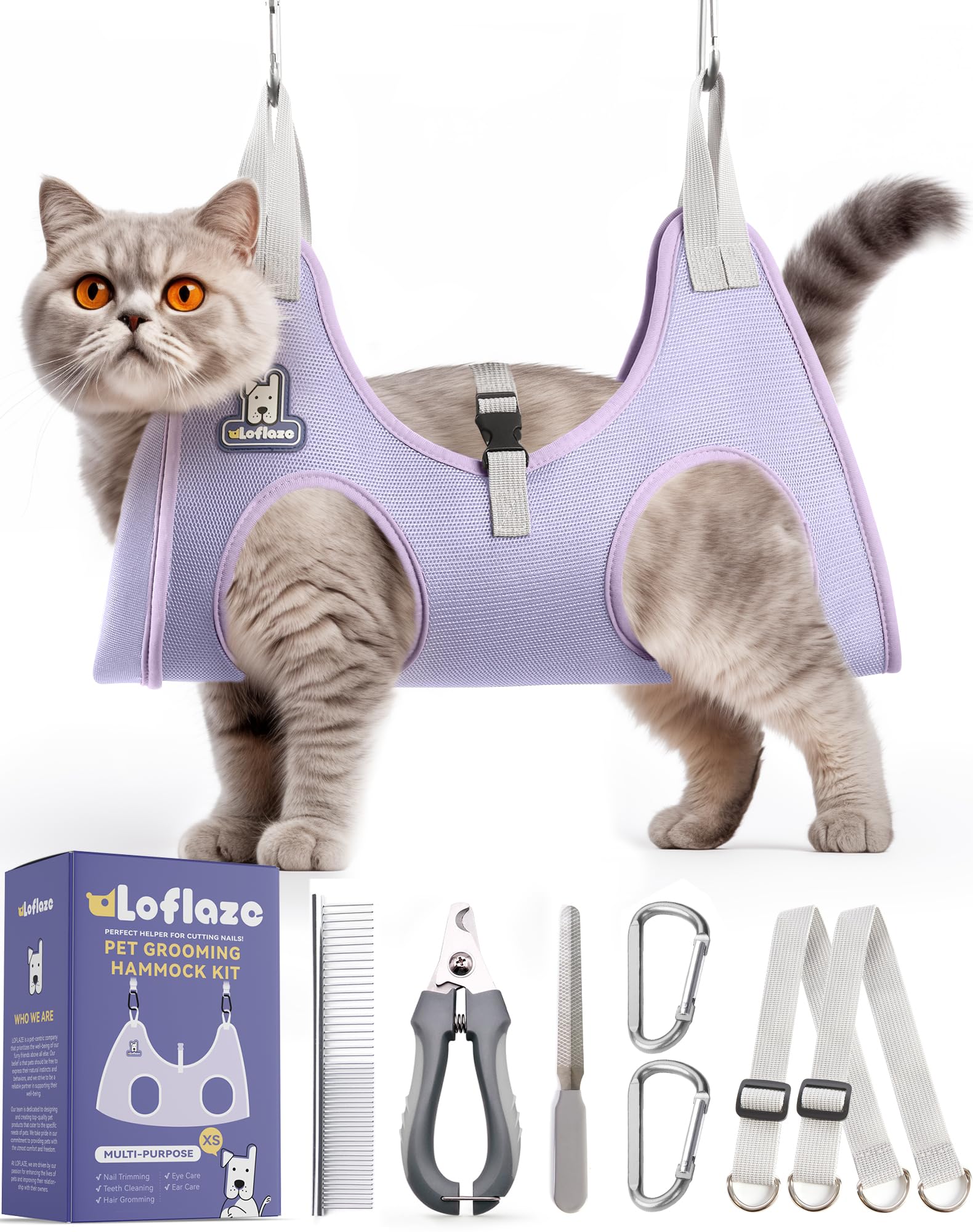 Loflaze grooming hammock harness setup enables easy at-home grooming.