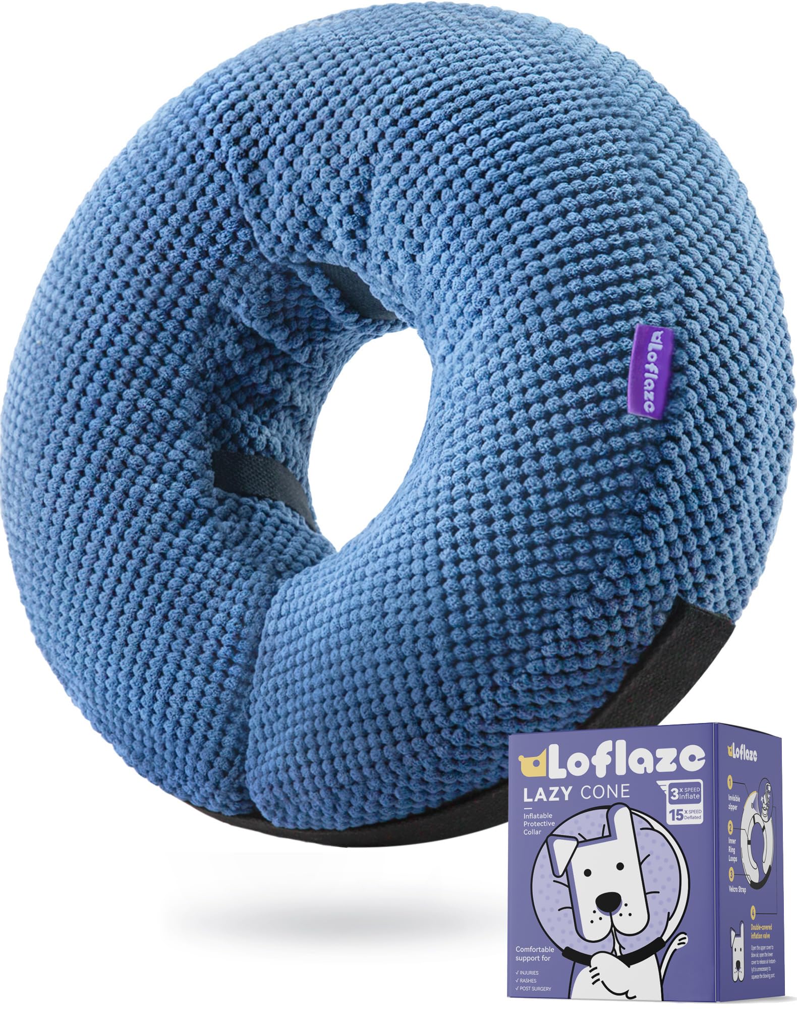 Loflaze inflatable dog cone collar blue XL front view for gentle post-surgery comfort