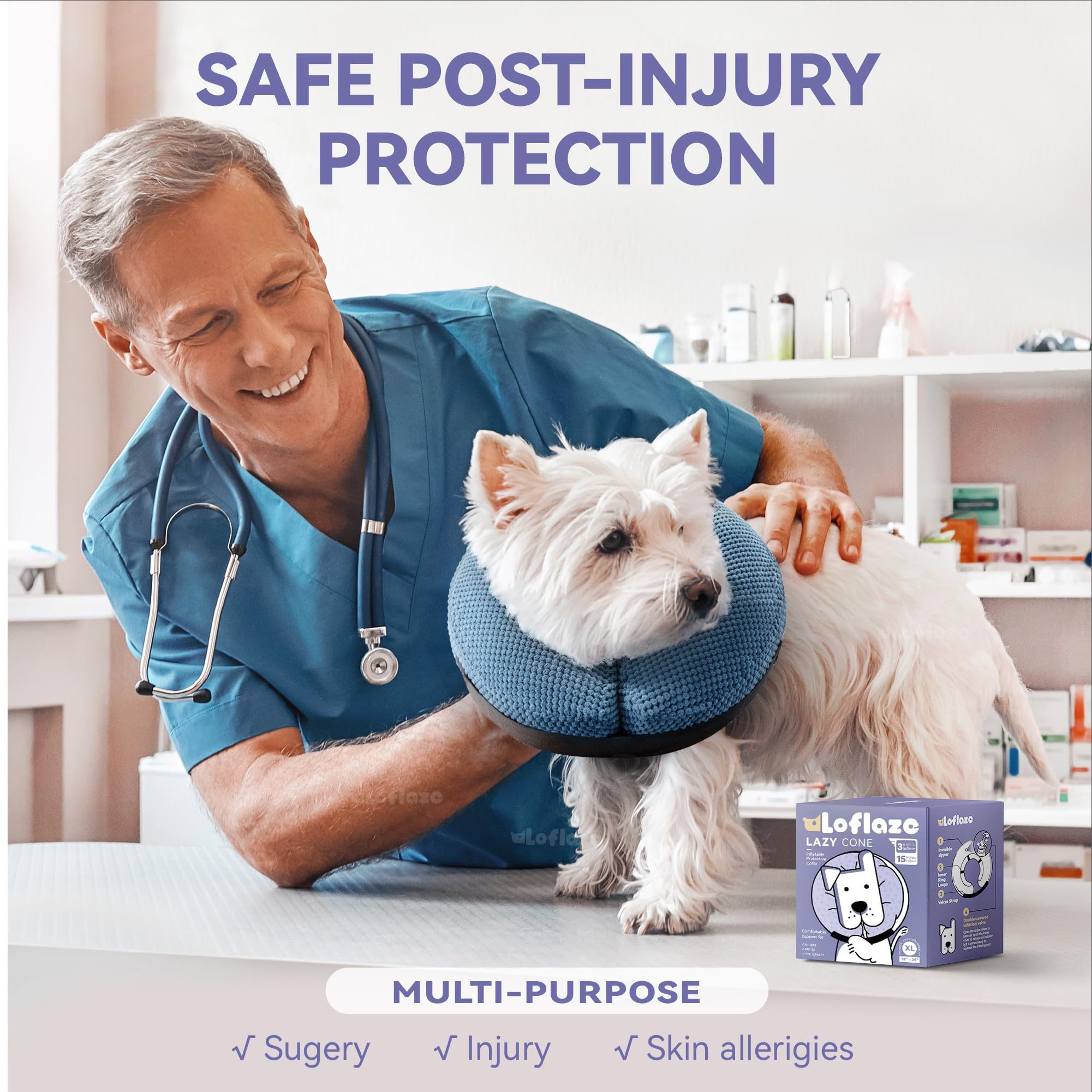 Loflaze inflatable collar blue XL on-dog nose angle supports visibility during recovery