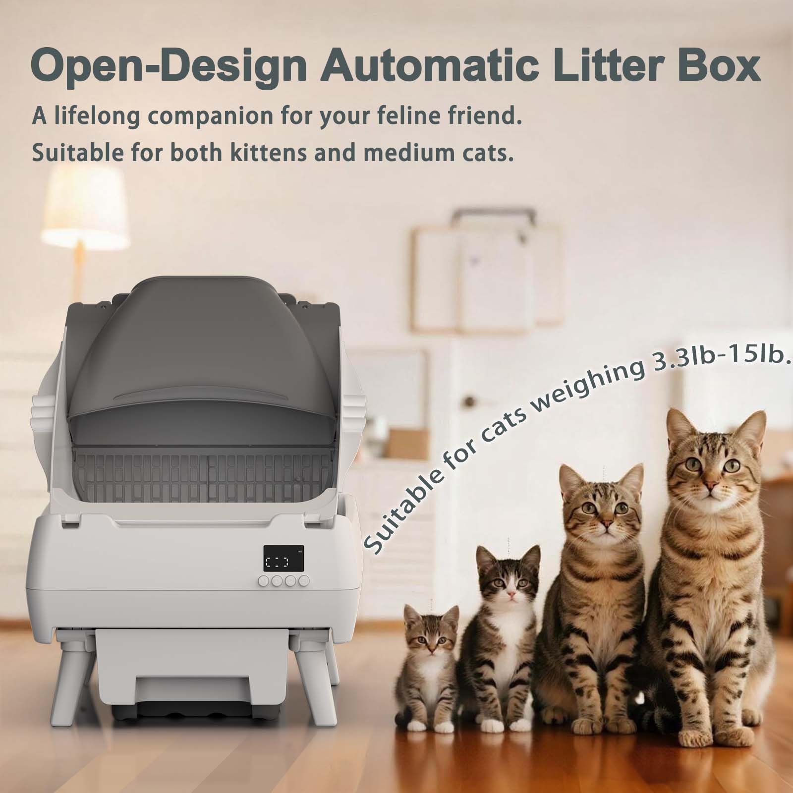 Lohhuby cat litter box app-control display shows remote scheduling for convenient upkeep.