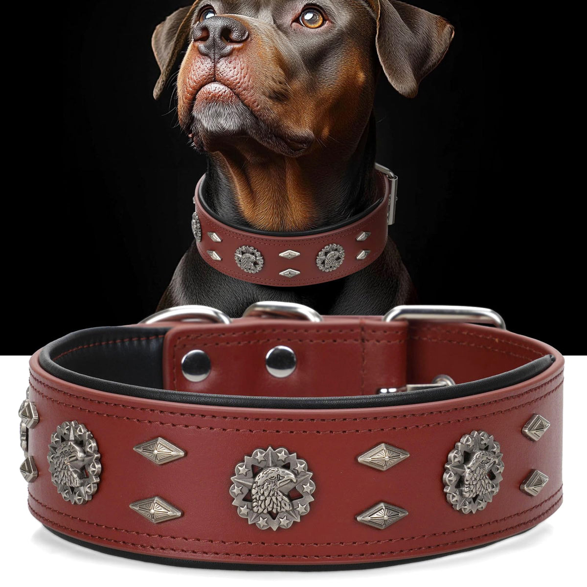 LOIIHEII premium leather dog collar front view shows a sturdy build for big dogs.