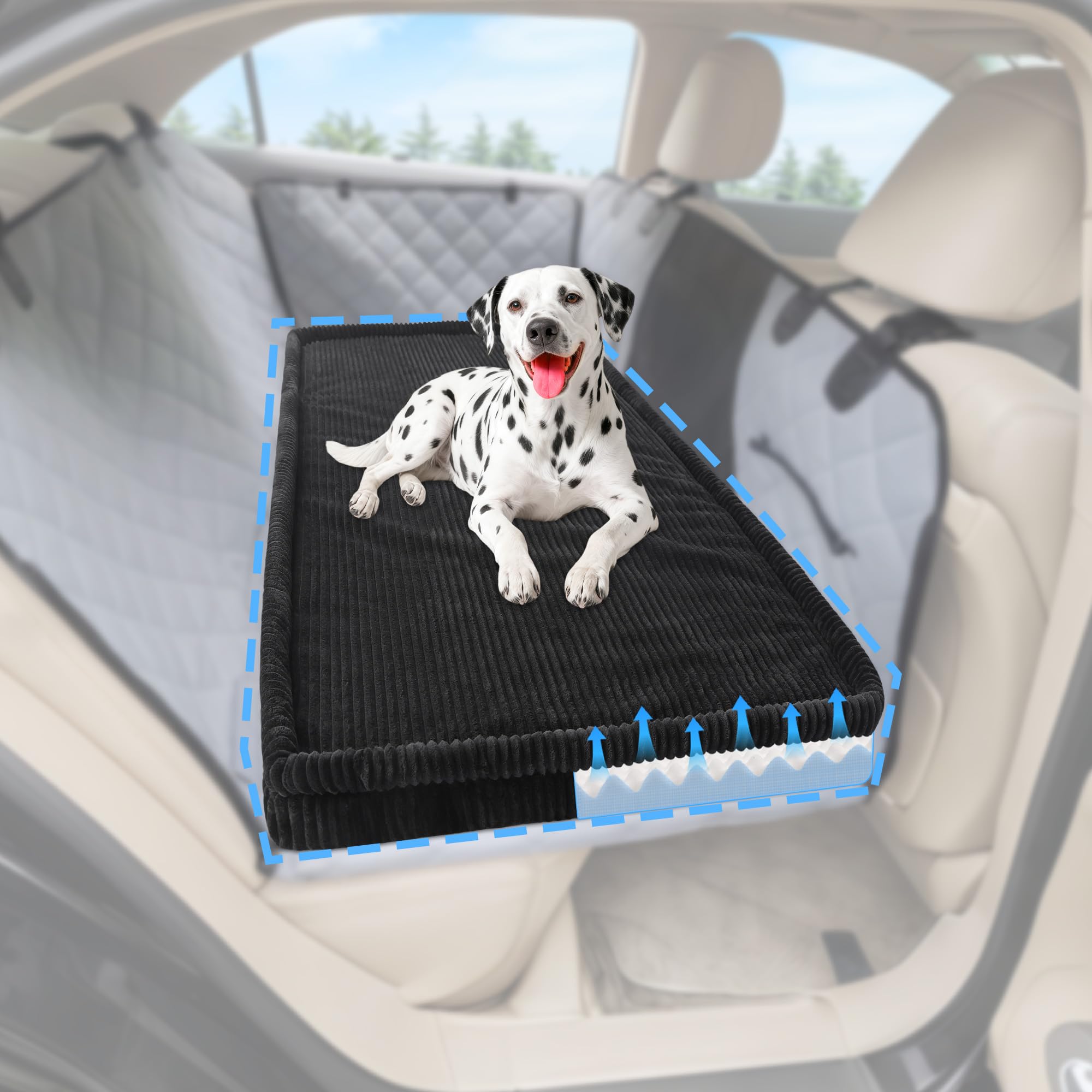 Loiion dog car bed backseat extender showing non-slip surface for secure travel and comfort