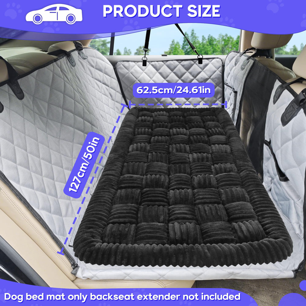 Loiion dog car bed mat car-compatibility note clarifies backseat extender not included.