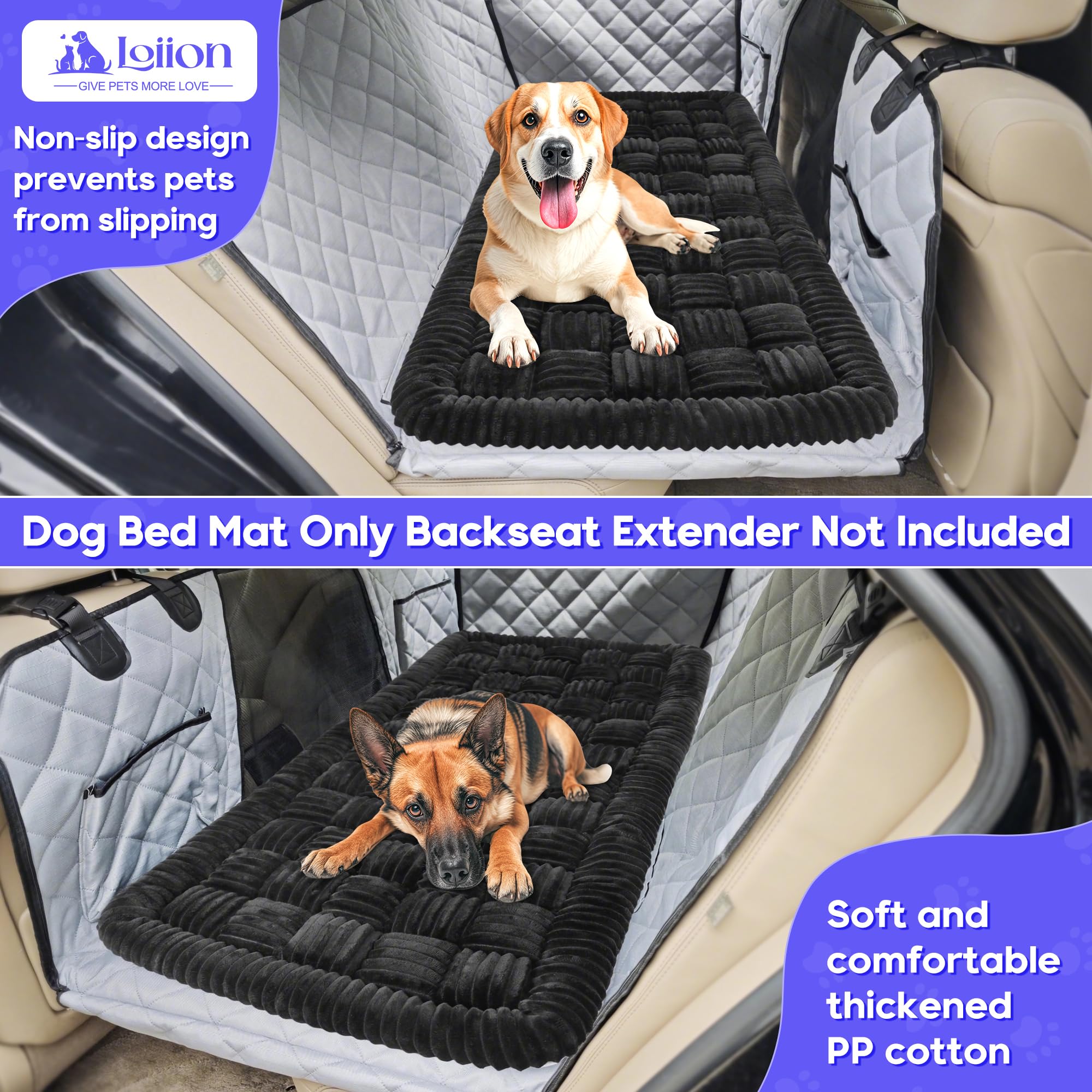 Loiion dog car bed mat non-slip backseat highlights secure rides and distraction-free driving.