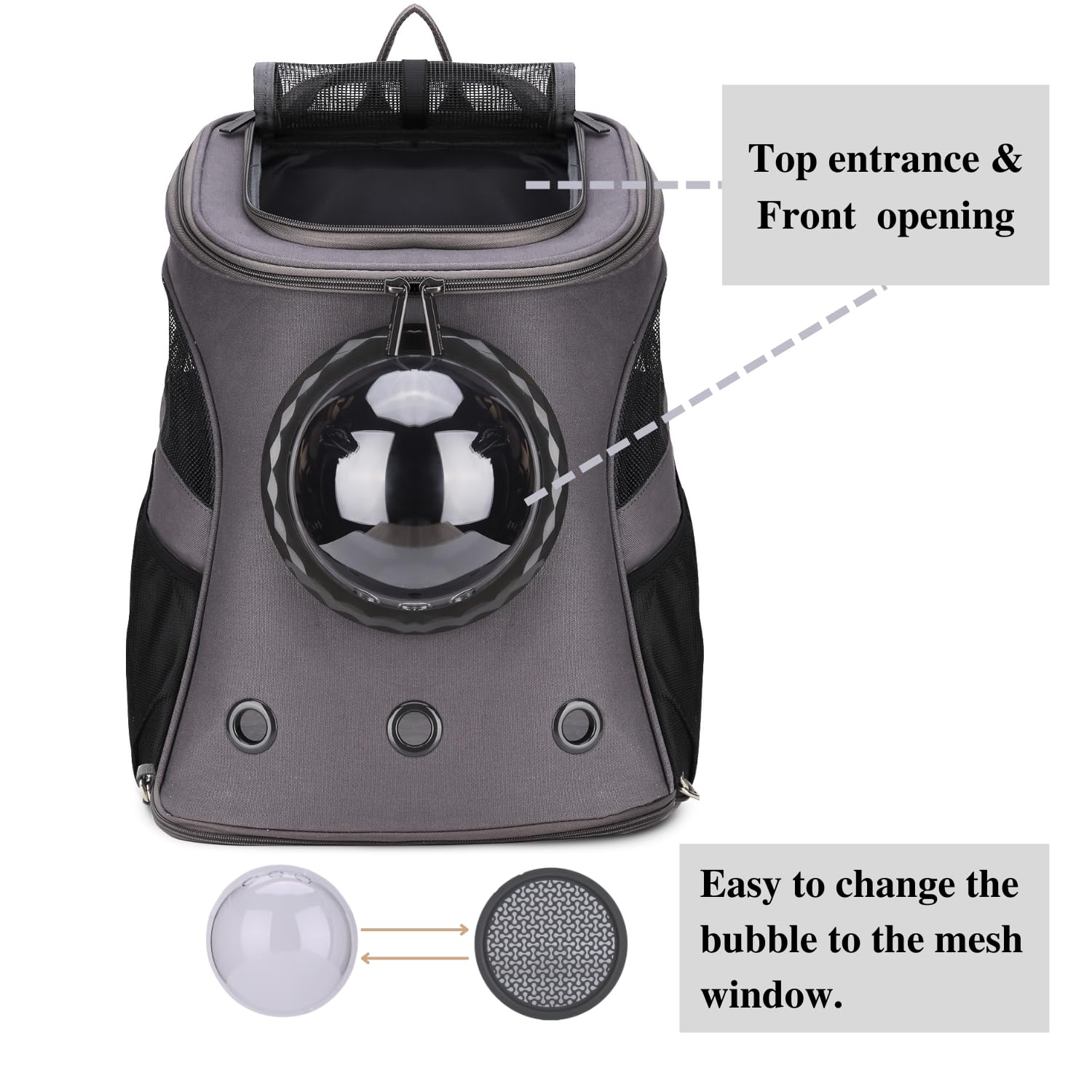 LOLLIMEOW backpack shows a top skylight entry for pet visibility and ease