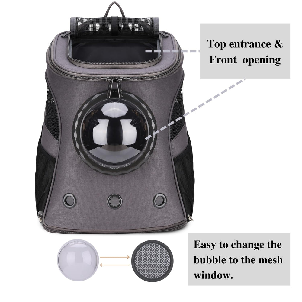 LOLLIMEOW backpack shows a top skylight entry for pet visibility and ease