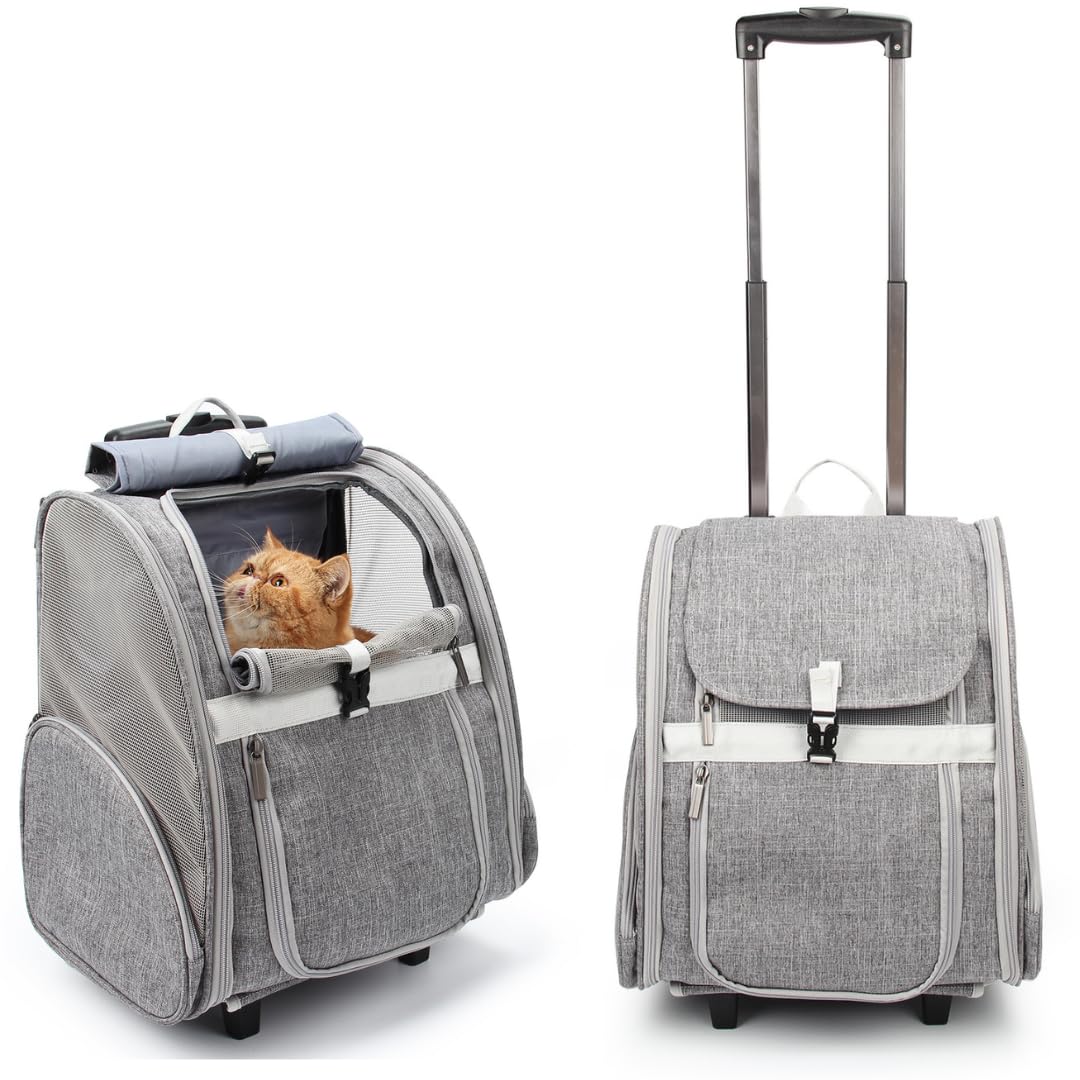 Lollimeow pet rolling carrier wheels grey for smooth travel with small dogs