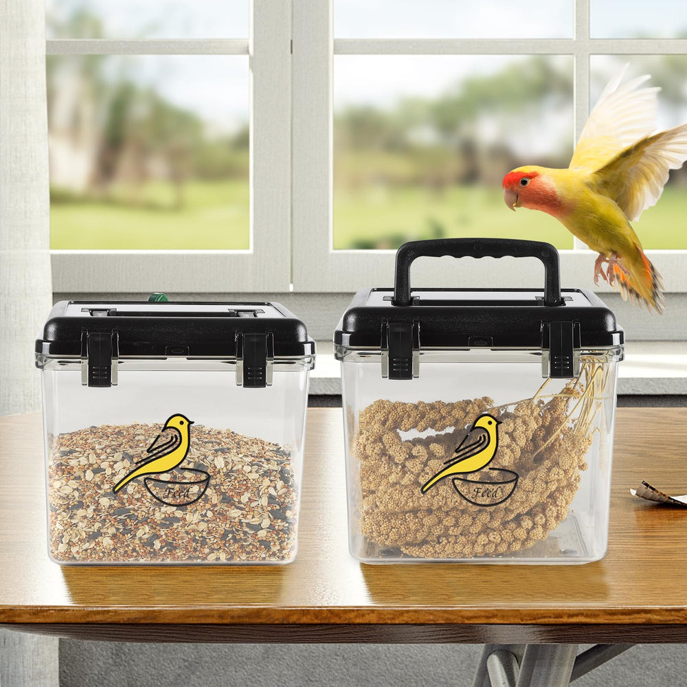 Lolytama bird seed container compact square design for efficient shelf use.
