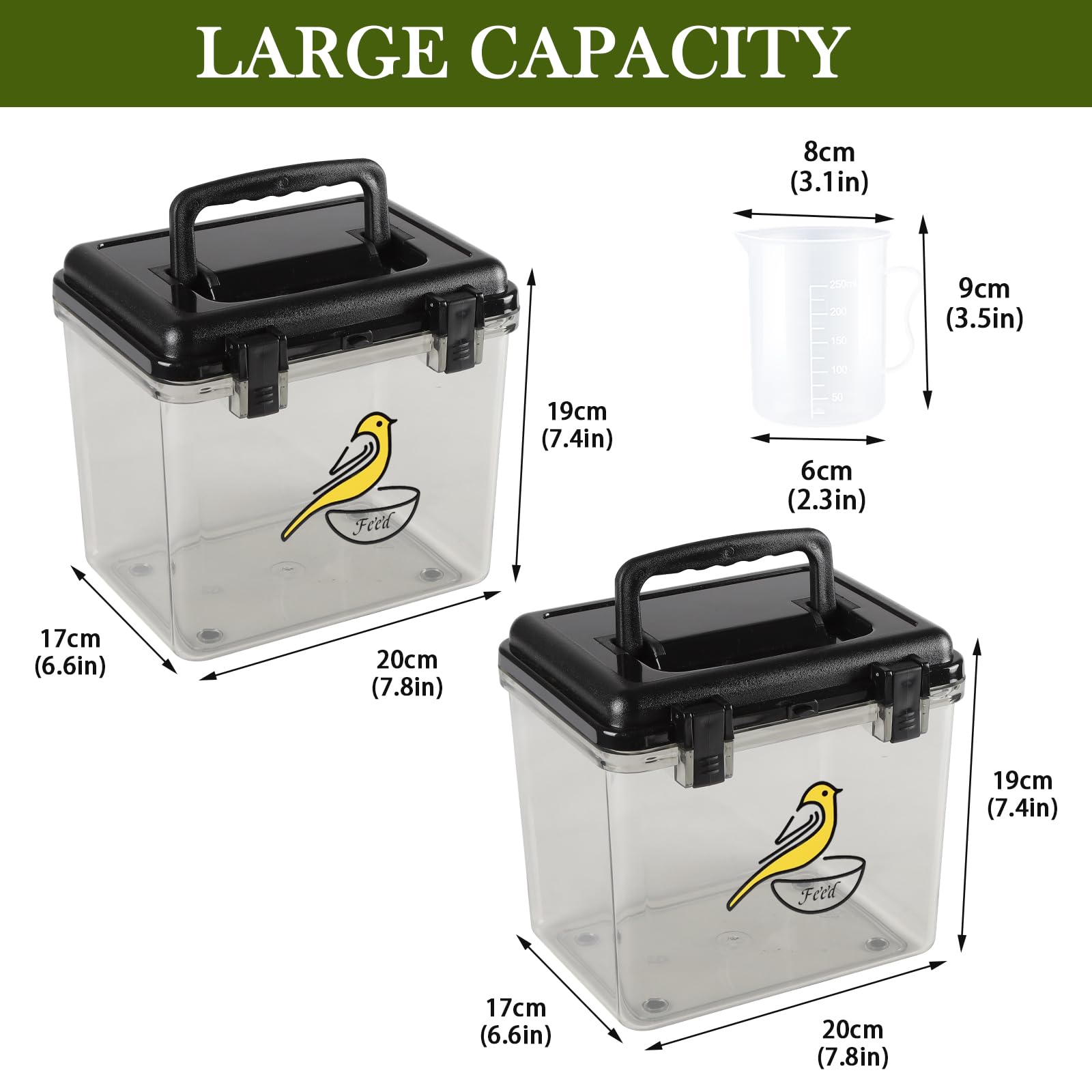 Lolytama bird seed container includes stickers for labeling and organization.