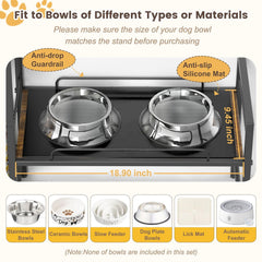Lomivra dog bowl stand with metal storage basket neatly stores essentials.
