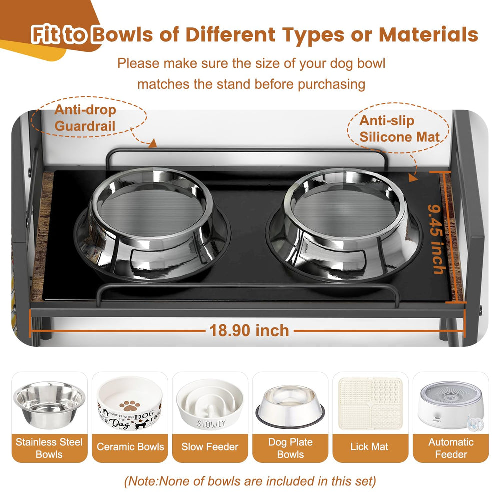 Lomivra dog bowl stand with toy bin keeps feeding area organized and handy.