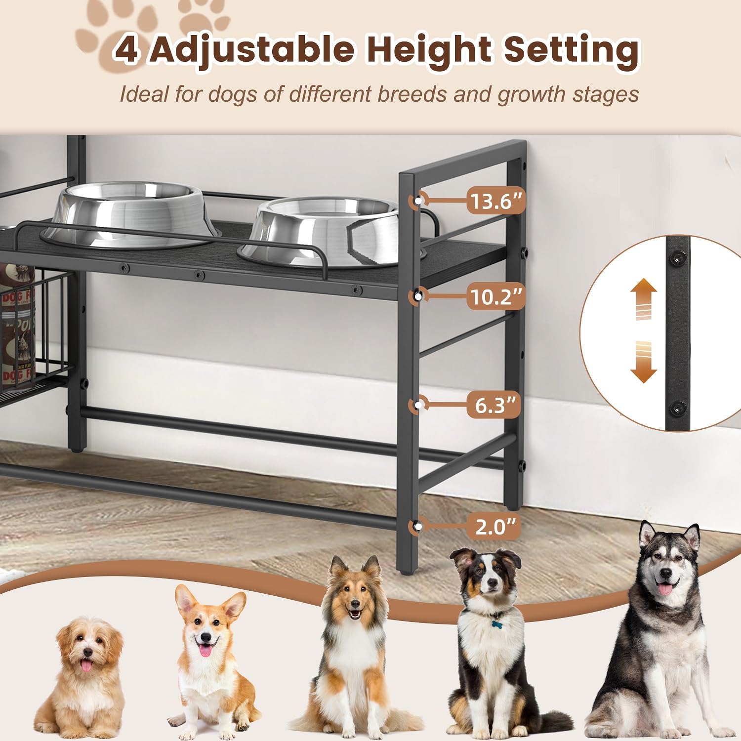 Lomivra elevated dog bowls stand accommodates bowls up to 9.45 inches diameter.