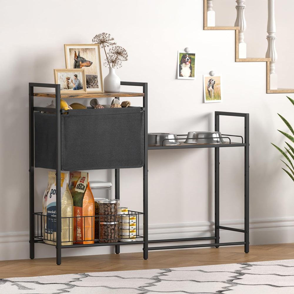Lomivra Elevated Dog Bowls Stand storage basket keeps essentials neatly organized