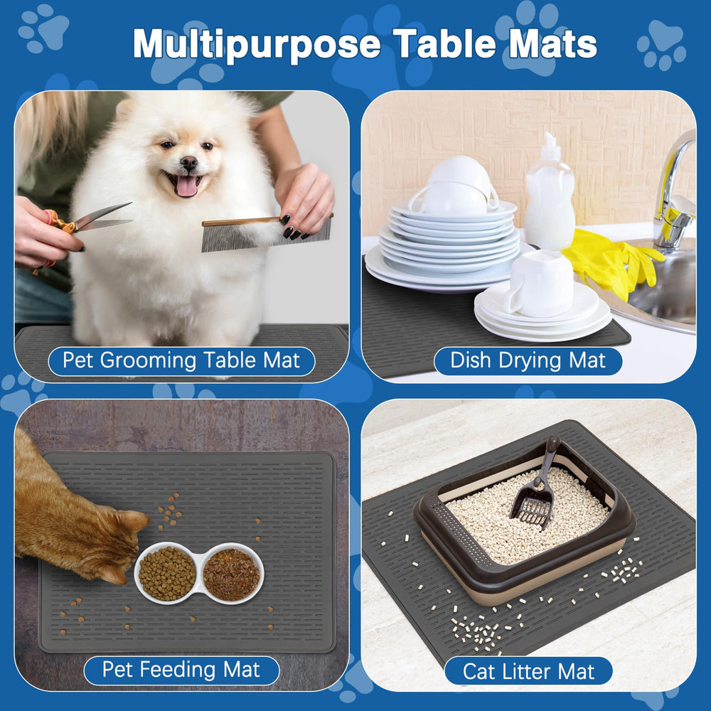 Lonepetu black grooming mat on table provides stable workspace