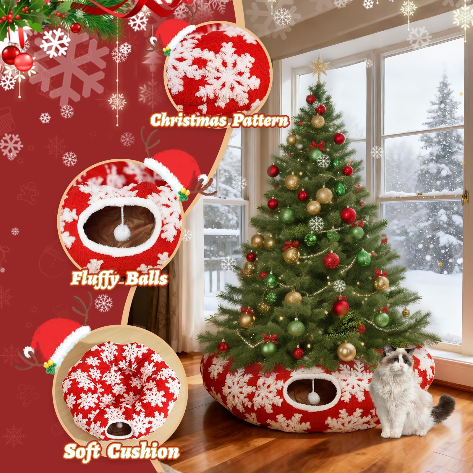 Lonepetu cat tunnel with snowflake design enhances festive décor while entertaining pets.