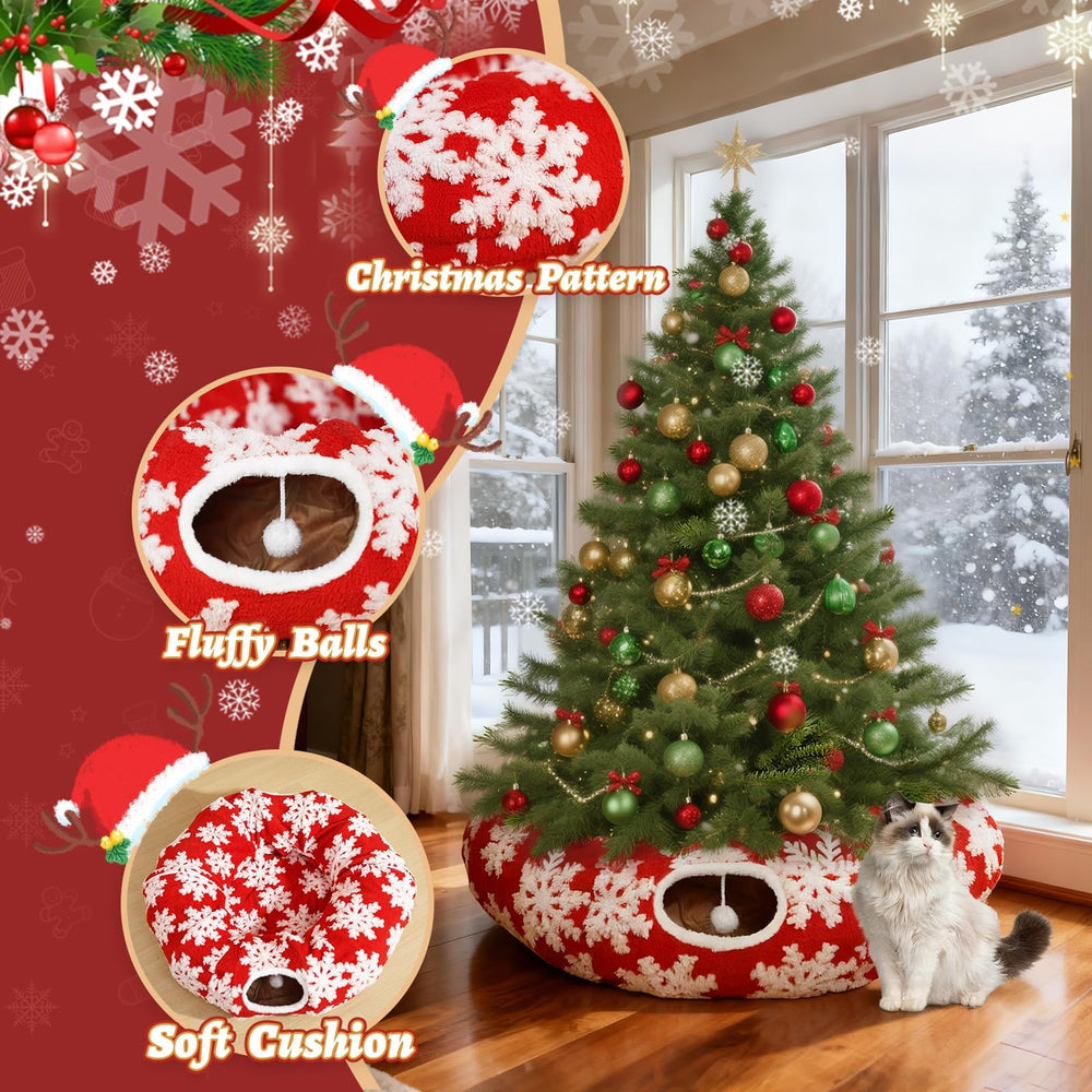 Lonepetu cat tunnel with snowflake design enhances festive décor while entertaining pets.