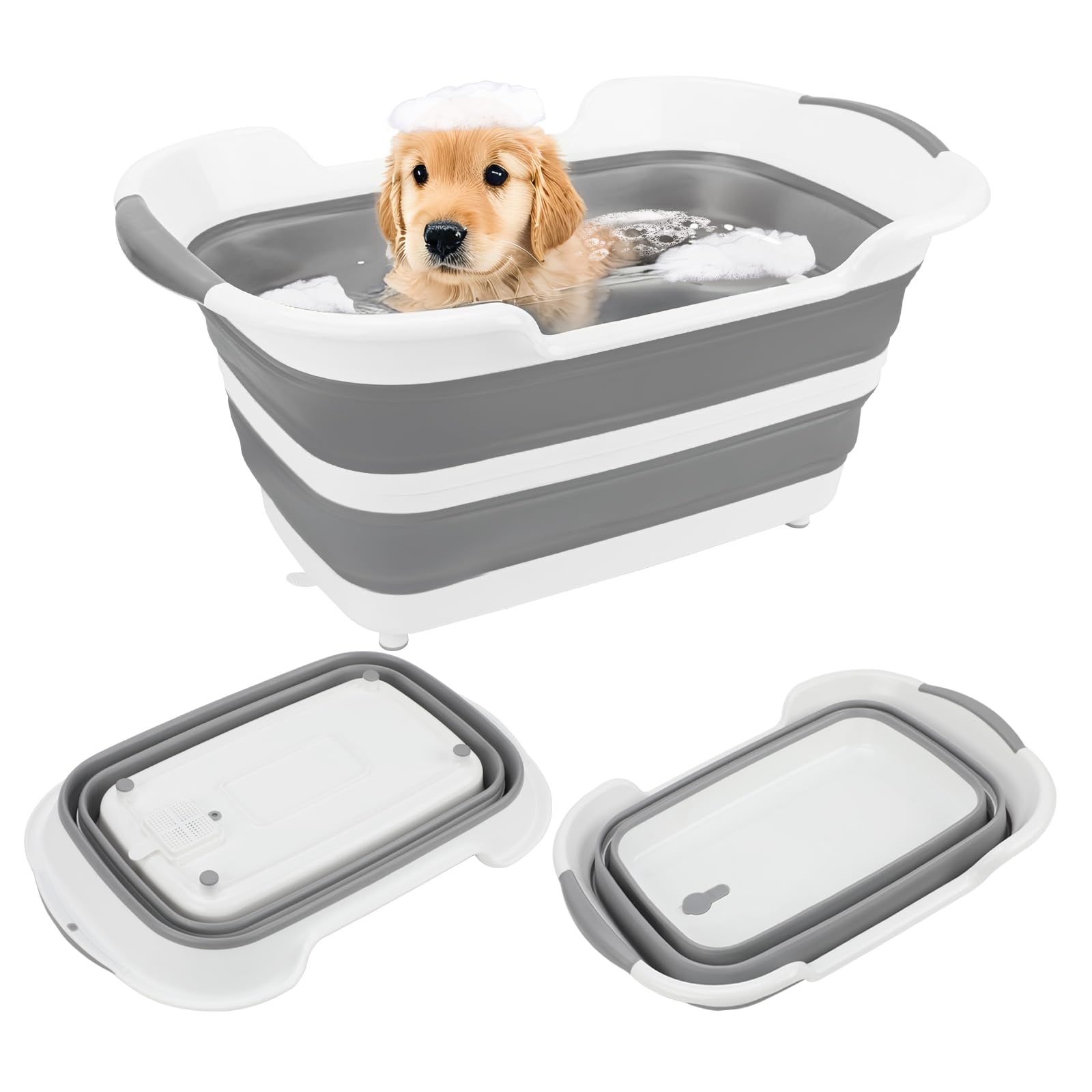 Lonepetu collapsible dog bath tub setup demonstrates space-saving storage.