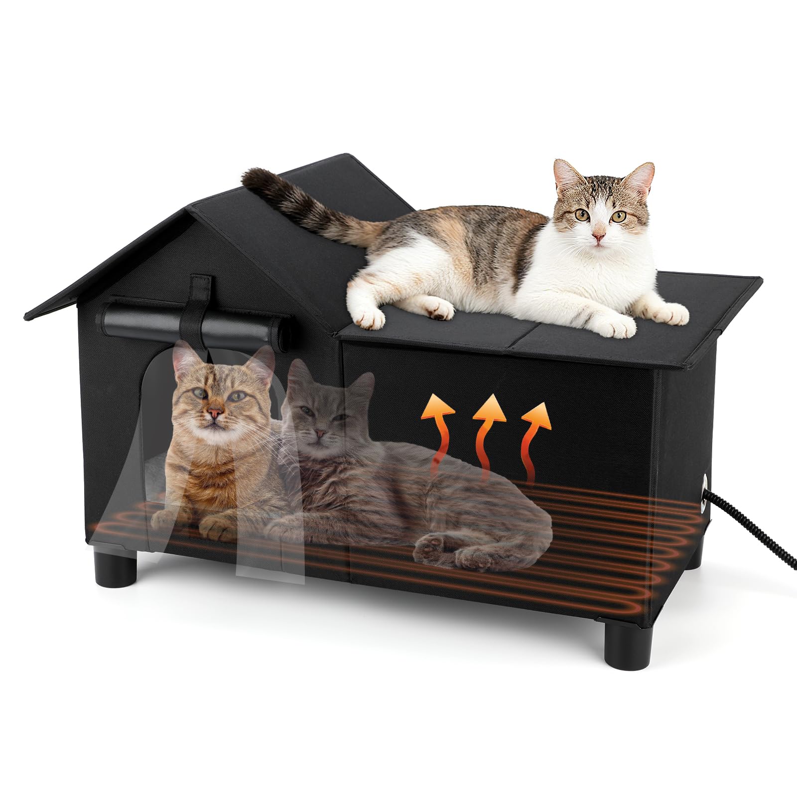 Lonepetu outdoor heated cat house front view shows weatherproof shelter for cold months.