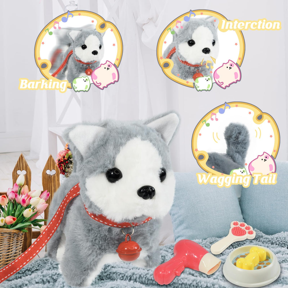 Lonfypeng plush dog toy with leash enabling pretend-pet routines.