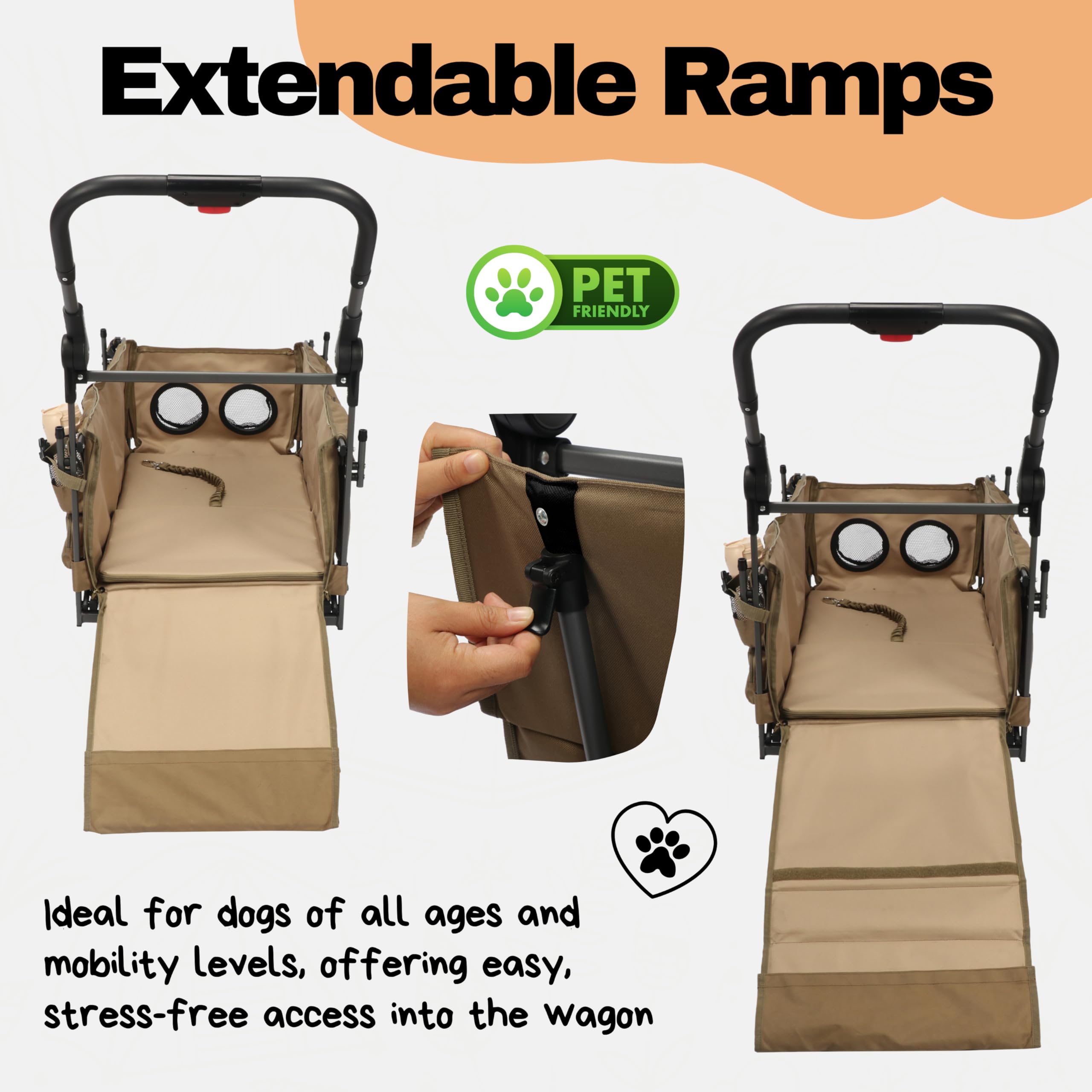 LONGDOG IMPRESSIONS Wagon storage compartments organize collapsible bowls and essentials.